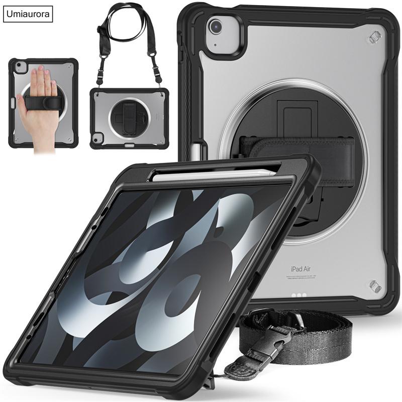 For IPad Air 4 5 10.9 Mini 6 Pro 11 12.9 13 Inch M2 M4 2022 2024 Tablet Case Rotating Hand Strap Stand Shockproof PC Armor Cover