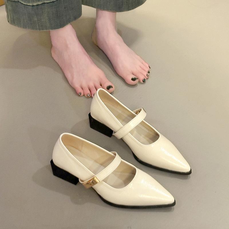 2025 spring new French temperament Mary Jane shoes women's word with Korean version commuter pointed thick heel versatile single shoes