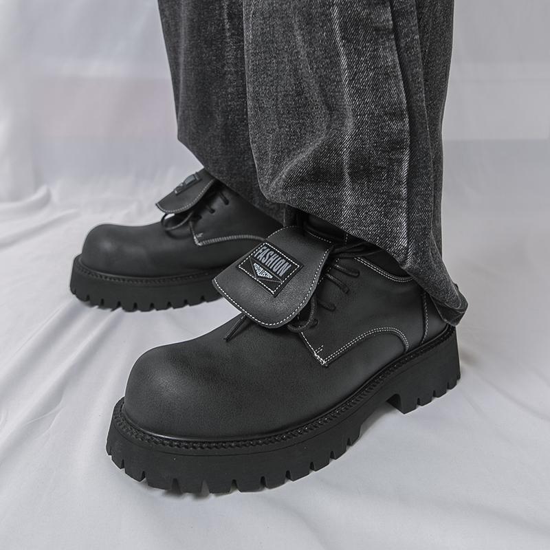 Męskie buty retro na grubej platformie, buty motocyklowe z dużą główką, wysokie buty, plus size