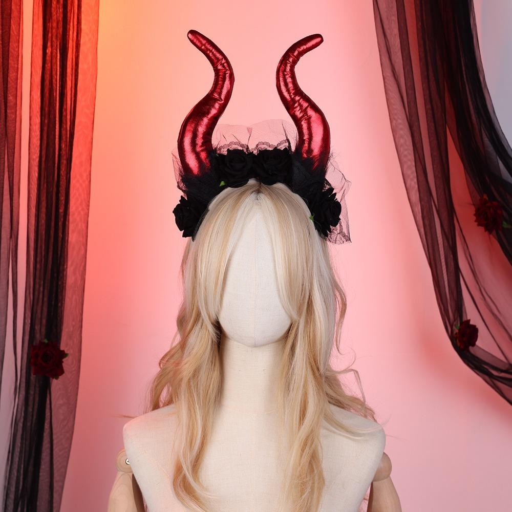 Lace Trim Halloween Cow Horns Headband Flowers Design Red Rose Headband  Women's Accessories