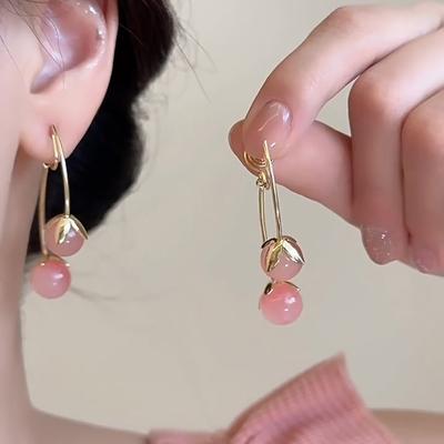 Pink Stone Bud Fringed Earrings Women's Simple Light Luxury Stud Earrings Fashionable and Sweet Girl Heart Earrings
