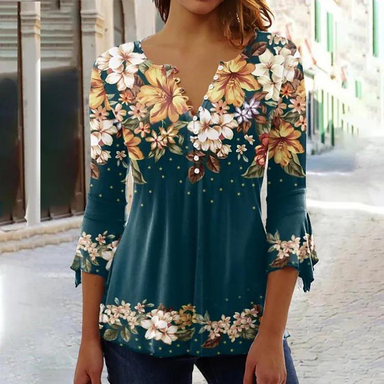 

2023 Summer Floral V Neck Seven Sleeve Fashion T Shirt S