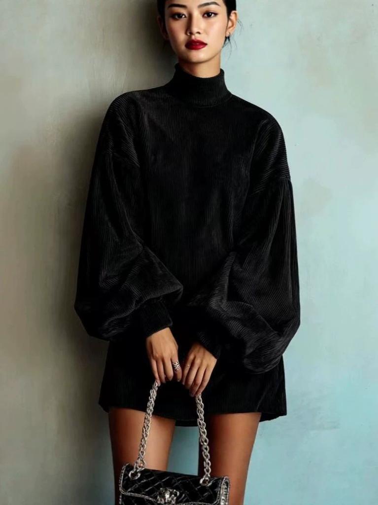 Temperament autumn clothing new loose lantern long-sleeved women's semi-turtleneck dress,