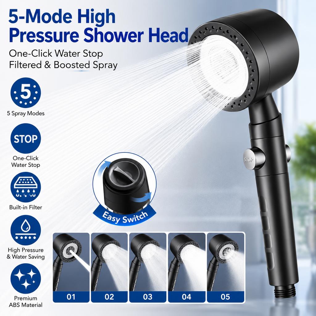 Chuveiro de Alta Pressão Economizador de Água com Filtro 5 Modos Chuveiro de Mão Parada com um Botão Acessórios de Banheiro