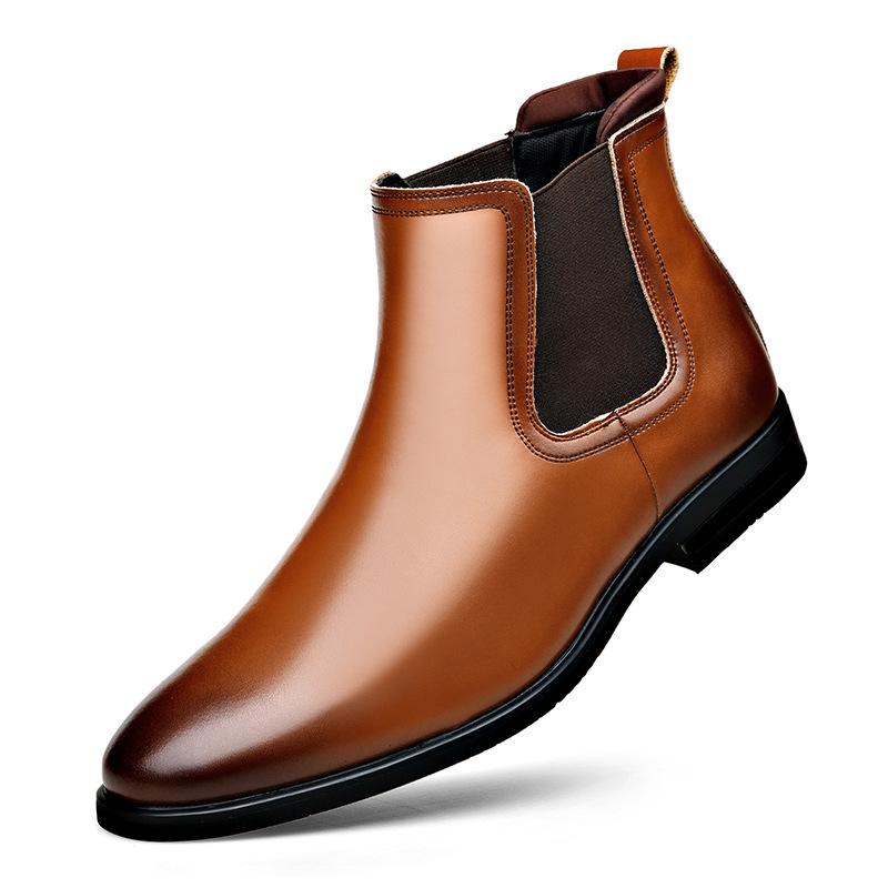 Chelsea Pointed Toe Leather Boots: Fashionable Slip-on, Korean & British Style Business Men's Plus Size Shoes.