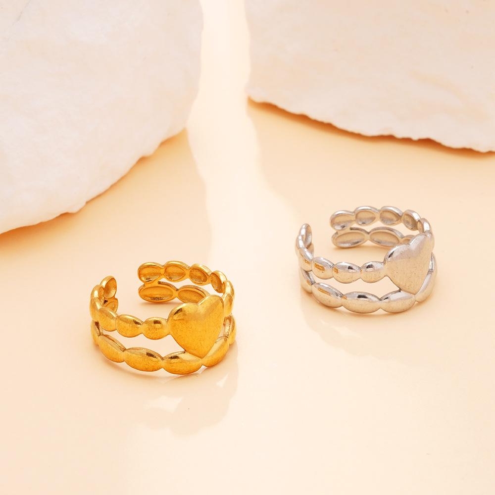 Simple High-Grade Pleated Heart & Leaf Stainless Steel Open Ring