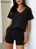 Short Sleeve Spring Summer New V-Neck Casual Temperament Solid Color Fashion Set Women