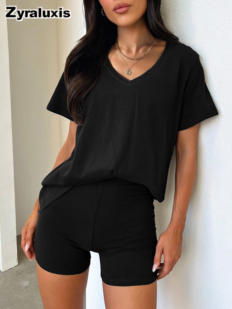 Short Sleeve Spring Summer New V-Neck Casual Temperament Solid Color Fashion Set Women