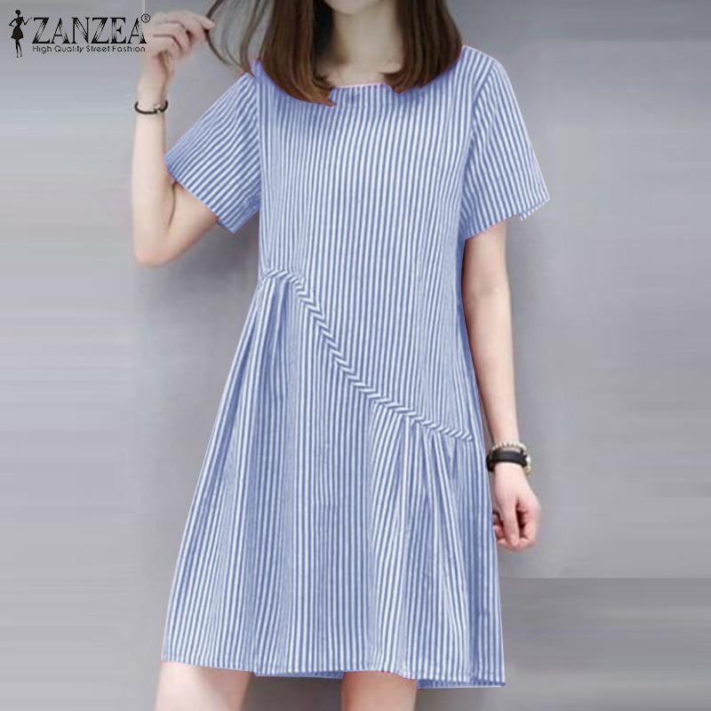 ZANZEA Women Casual Round Neck Short Sleeve Stripe Summer Dress