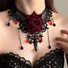 Vintage style dark red rose long fringed necklace goth black lace collarbone chain collar