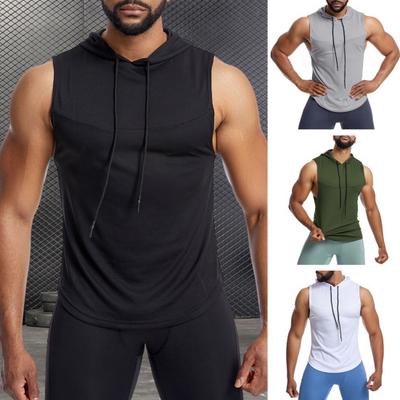 Men Vest Hooded Drawstring Mesh Fabric Tank Tops Solid Color Casual Muscle