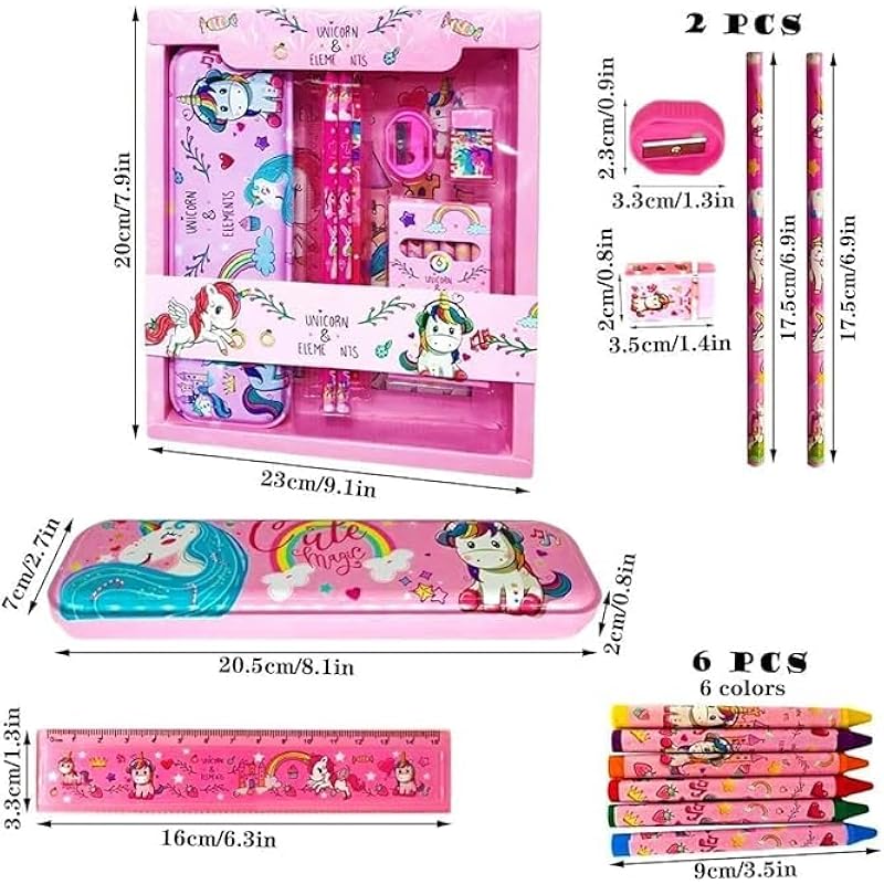 Eclet Unicorn Stationery Kit Set For Girls 12 Pcs Pencil, Eraser, Sharpener, Color Set Geometry Box (Pink) 0
