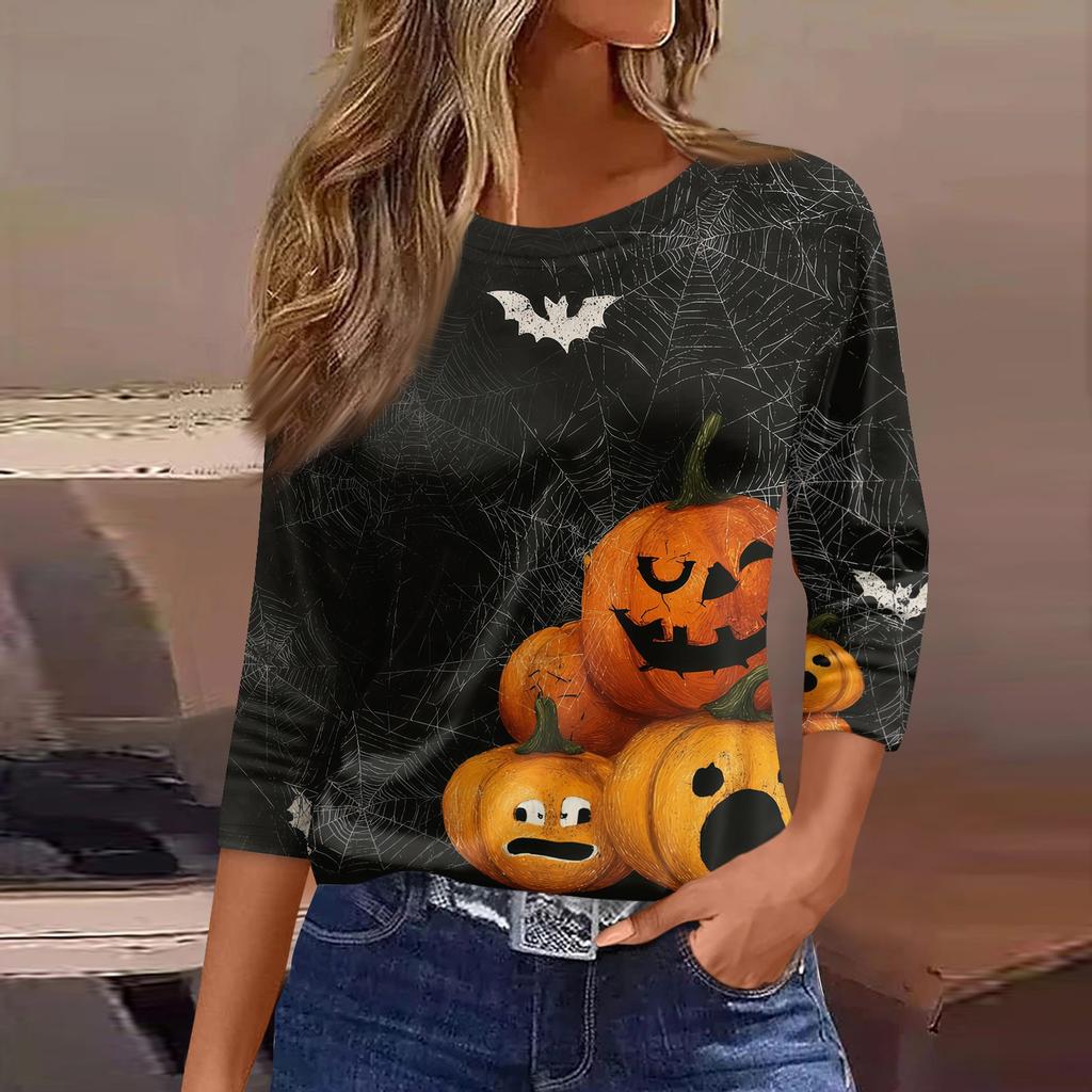 Women's 3/4 Sleeve Casual Loose Fit Round Neck Shirt Halloween Pumpkin Print T-Shirt Comfortable Lightweight Top for Everyday Wear