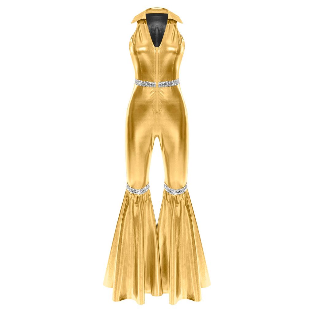 Dámský Retro Disco Kombinéza Límec V výstřih Bez rukávů Design s flitry Zvonové Kalhoty Přední zip Kombinéza