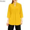 ZANZEA Damen Lockerer V-Ausschnitt 3/4-Ärmel Einfarbig Lässige Bluse