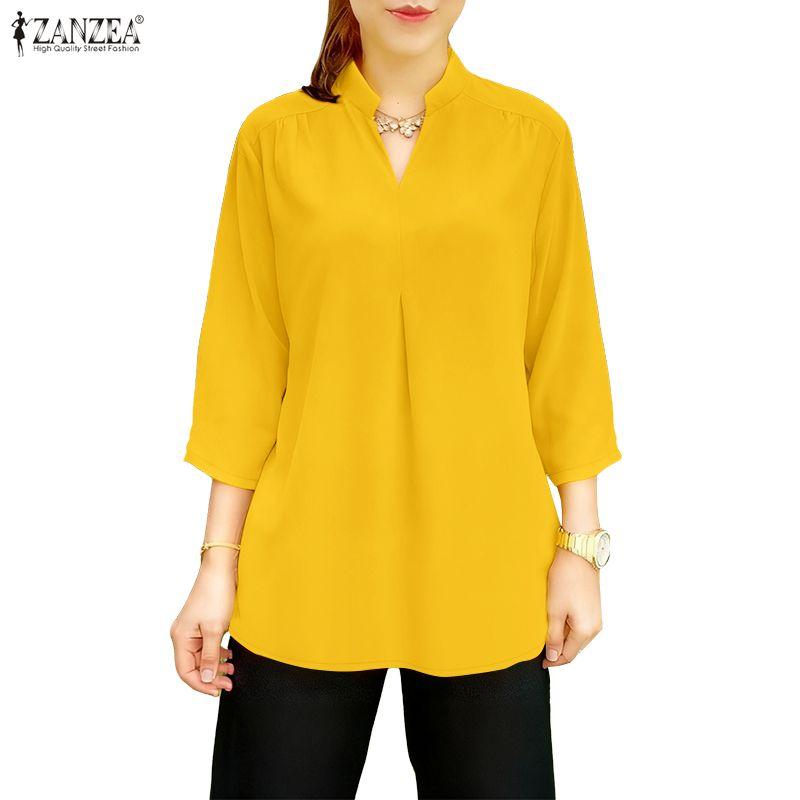 ZANZEA Damen Lockerer V-Ausschnitt 3/4-Ärmel Einfarbig Lässige Bluse