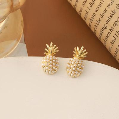 Luxury Pineapple Pearl Stud Earrings for Women - Silver Needle Pine Cone Design