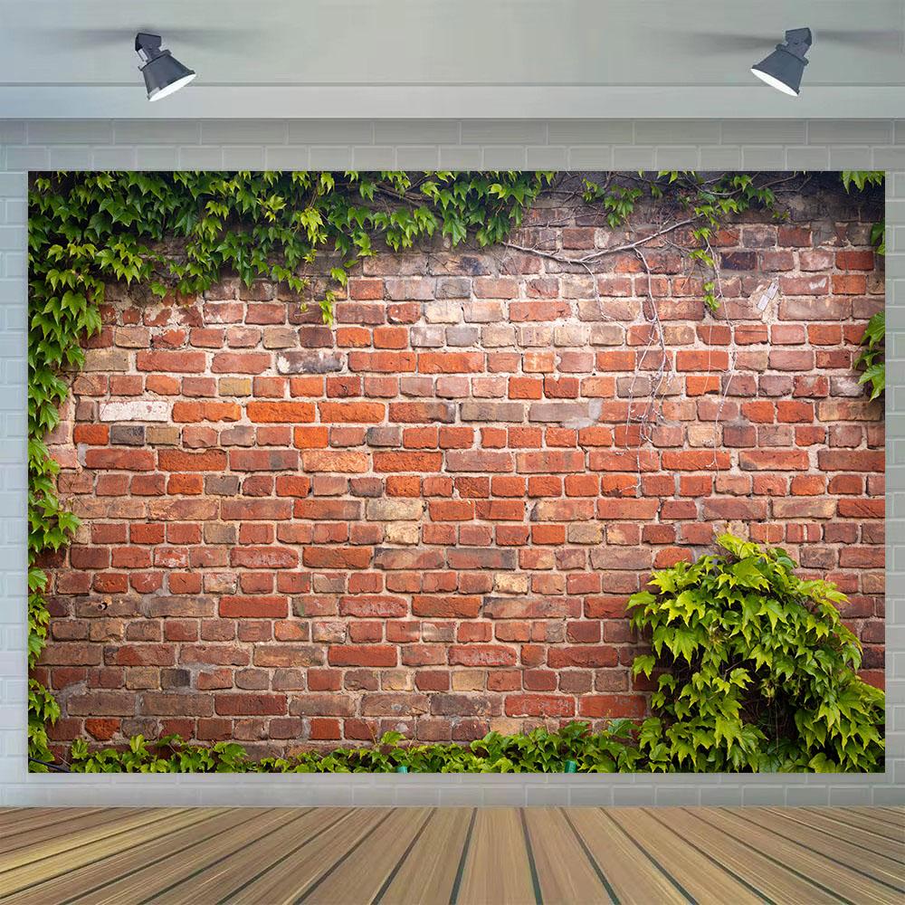 Green Leaves Brick Stone Wall Backdrop Vine Spring Garden Nature Greenery Banner Background Wedding Birthday Party Decoration