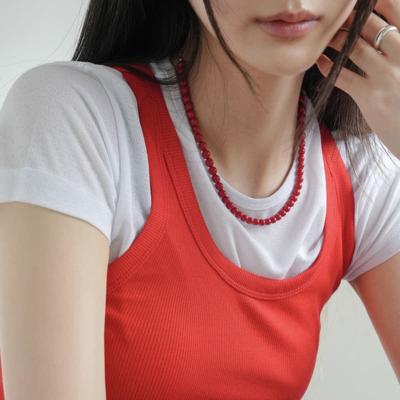 

modernlike silver 925 coral red pearl necklace 6mm Silver (Silver 925)