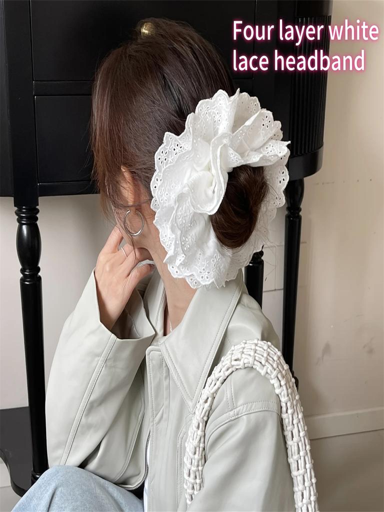 Large White Lace 4-Layer Hair Scrunchies | Elastic Headbands for Thick Hair - Plus Size Ponytail Holders & Women's Hair Accessor