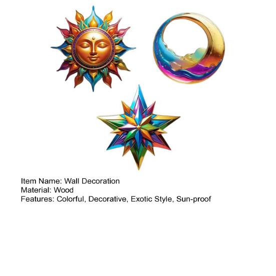 3Pcs Sun Moon Star Wall Decoration No Drill Indoor Outdoor Sun Moon Stars Wooden Wall Art Set Waterproof Sun-Proof Bohemian