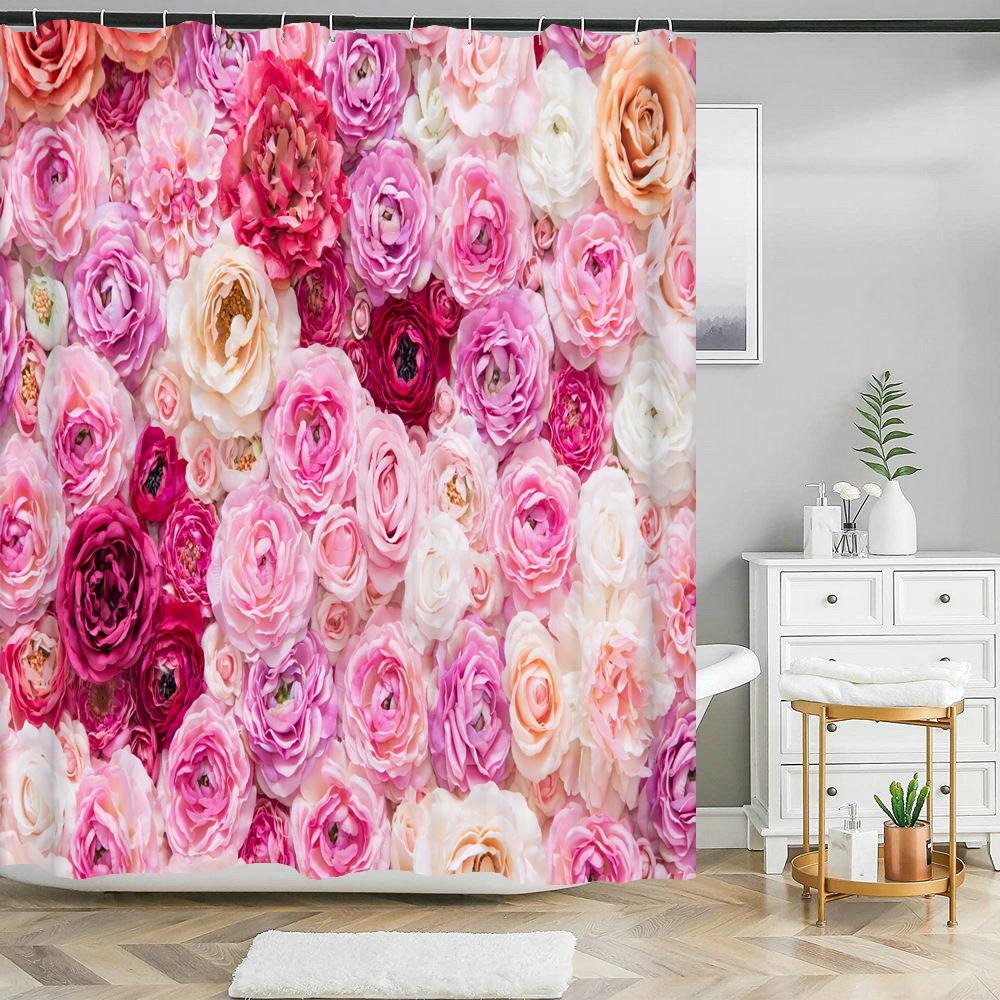 Beautiful natural flowers shower curtain waterproof polyester fabric bath curtain rose floral curtains for bathroom decor