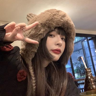 Frauen Winter Hut Kawaii Fashion Solid Beanies Nette Katze Ohren Warme Mütze Mit Pom Poms Kappe Earflap Lamm Haar kappe Weibliche Hut