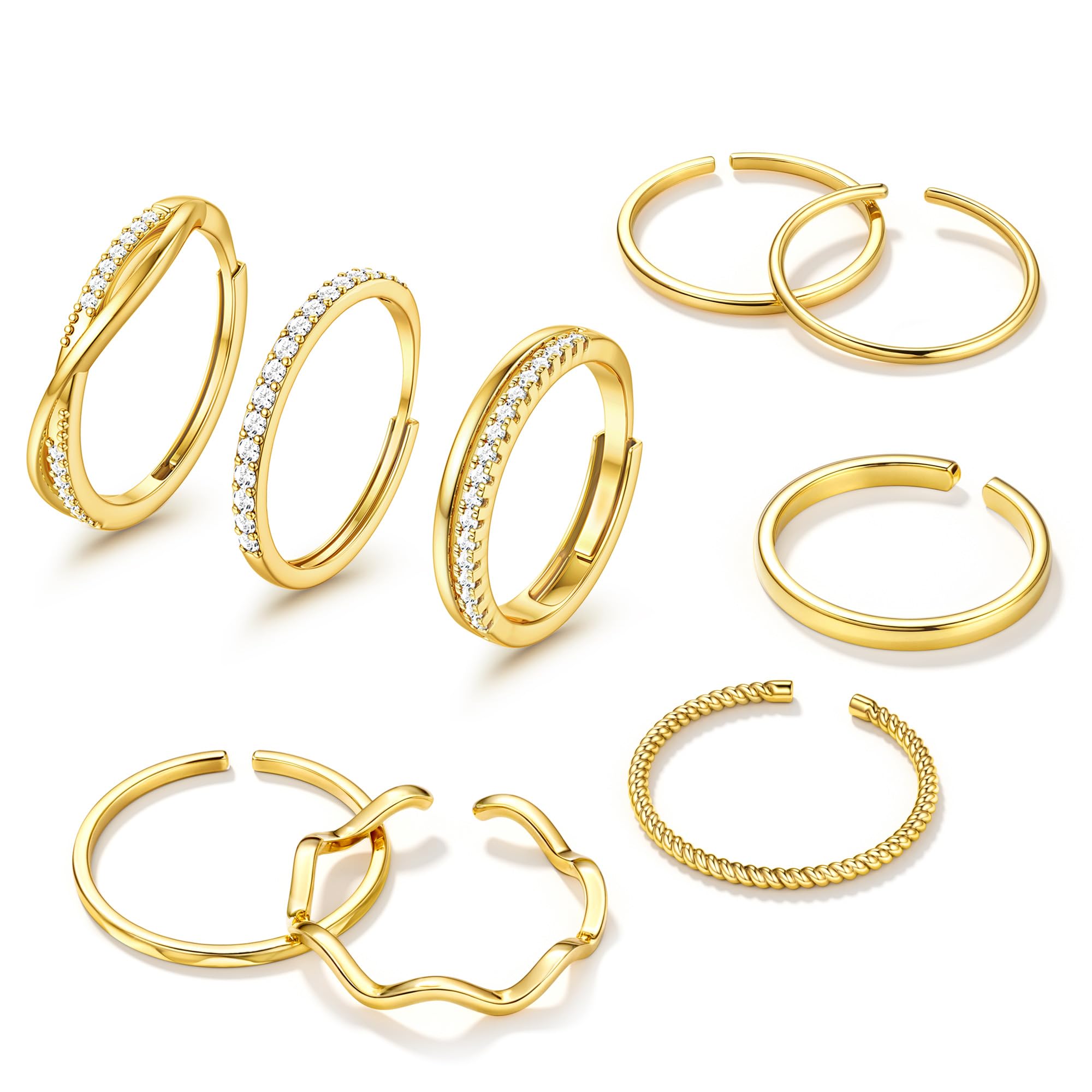 

Bobisty Gold-plated Stackable Rings for Women Non Tarnish Open Adjustable Ring Cubic Zirconia Dainty Promise Thin Thumb Ring Set
