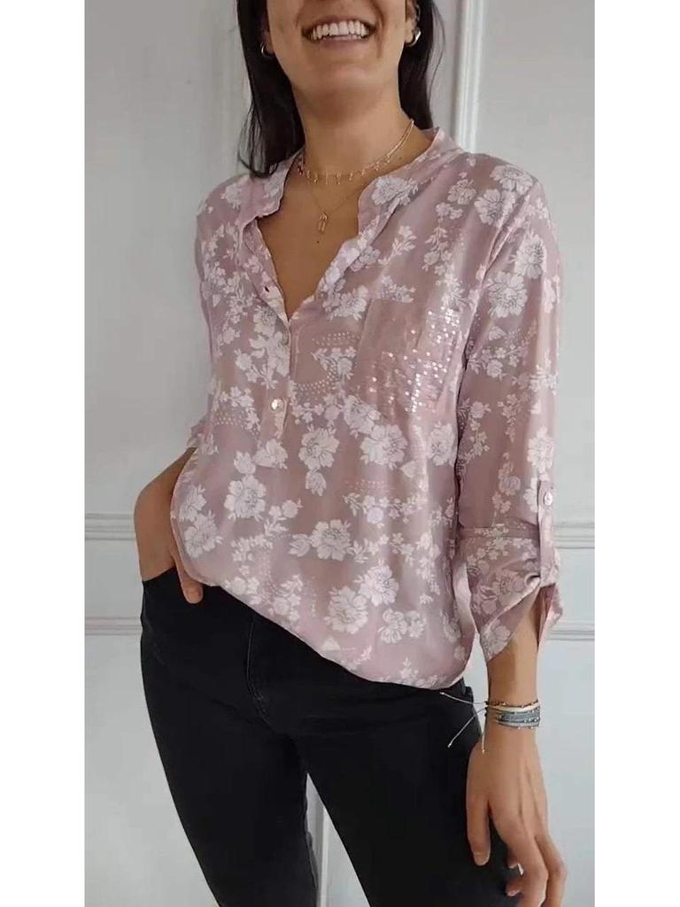 2025 Spring Loose Fit Casual Sequin Pocket Long Sleeve Shirt with Print
