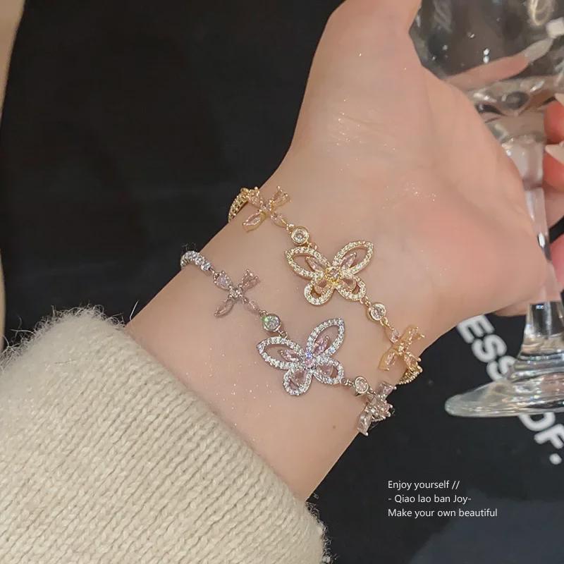 Brățară în stil coreean cu flori de fluture din zircon strălucitoare - bijuterii elegante