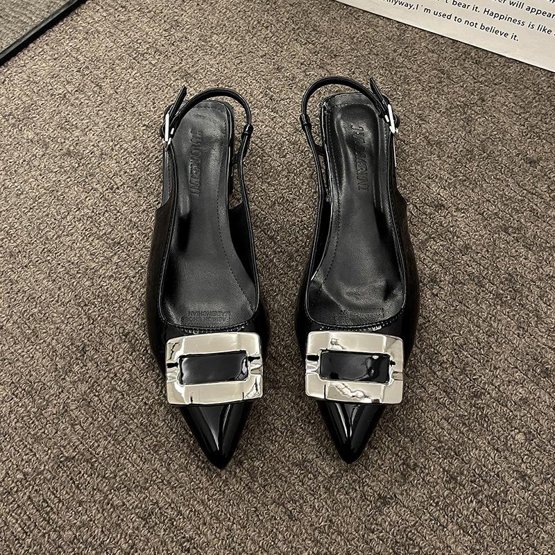 Metal Square Buckle Bag Head Sandals Women's Summer Versatile Thick Heel Pointed Head One Word with Patent Leather Shoes