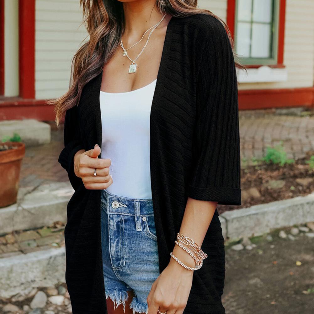 Women's Cardigan Knitted Jacket Spring Autumn New Thin Solid Color Five-minute Sleeve Outwear Sweater Large Size Tops