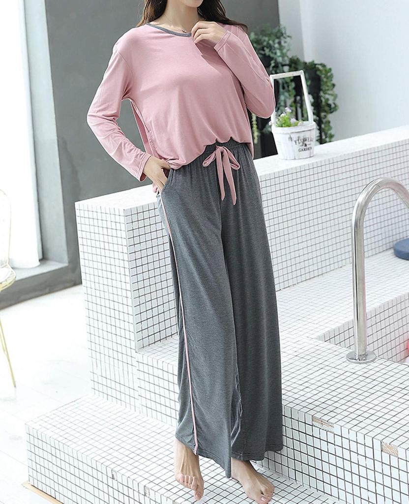 Kyonuza Long Sleeve Loose Fit Rayon Pajamas Solid and Breathable and Perfect for and and Size L Pink Women's Set, Color, Elegant, Cute, Simple,