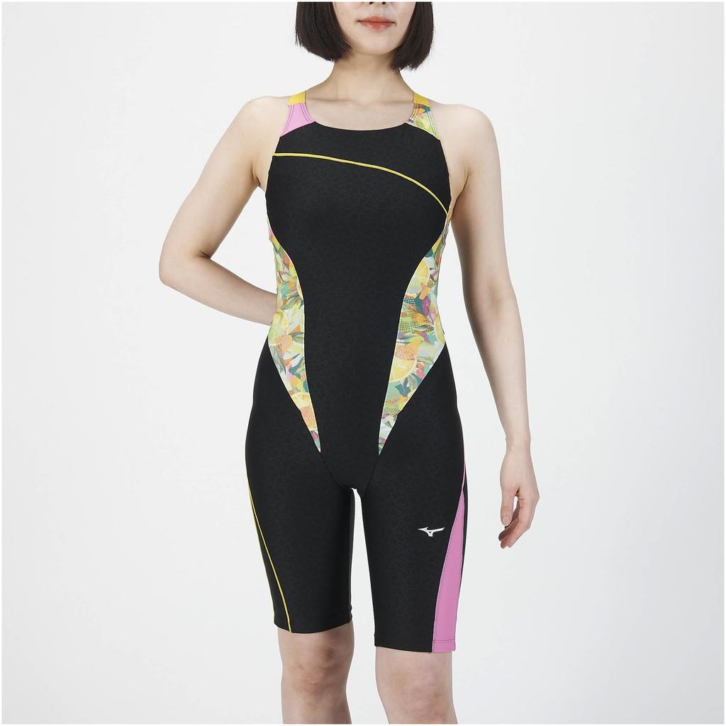 Mizuno Stroke One Swimsuit with Cups and Comfortable Size N2JGA803 Women's All-in-One (Peace Back) Sewn-in Straps, 0, Black/Yellow,