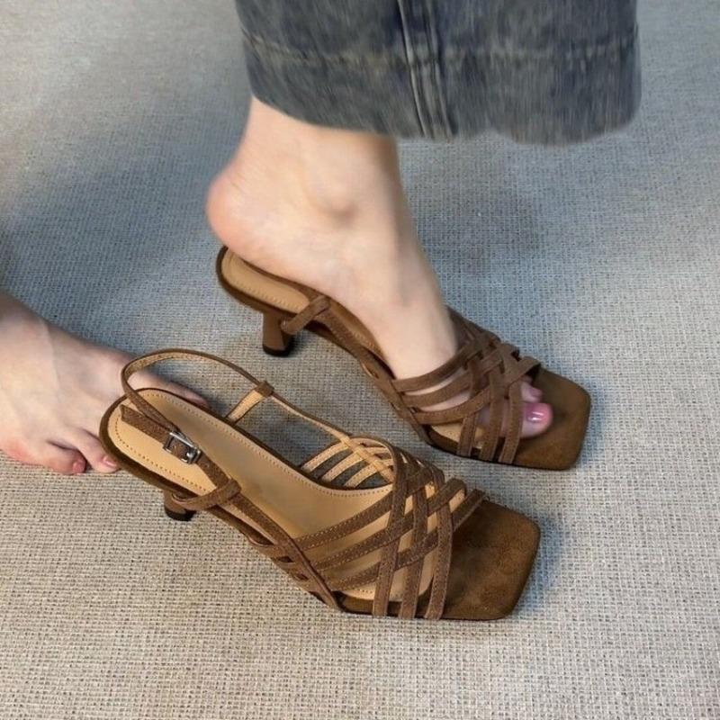 Fashion Cross Straight Strap Combination Stiletto Sandals Women's Square Toe Open Toe One Strap Anti-Slip Wear-Resistant High Heels