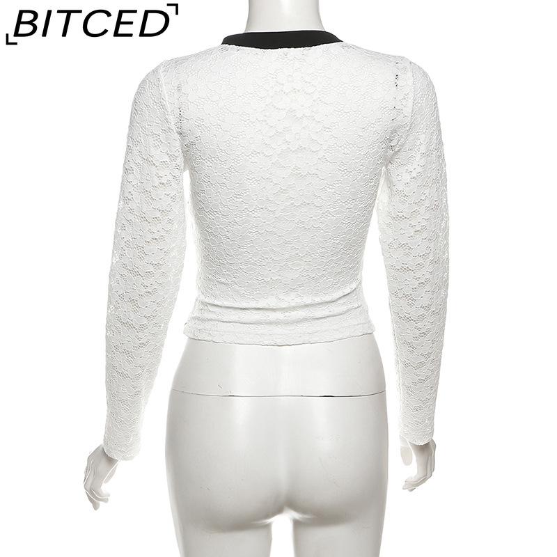 BITCED Autumn Women's Solid-Colour Slim-Fit Cropped V-Neck Long-Sleeved Printed Top