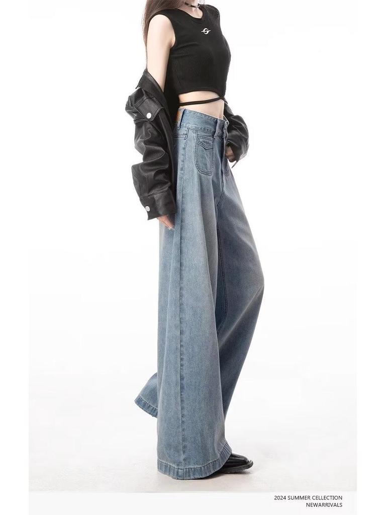 Women's Light Blue High-Waisted Wide-Leg Jeans - 2024 Spring/Autumn, Loose Casual Slimming Fit