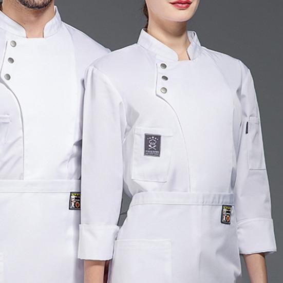 Men Women Solid Color Chef Uniform Stand Collar Single Breasted Pocket Restaurant Uniform Waterproof Anti Dirty Bakery Food Chef Tops