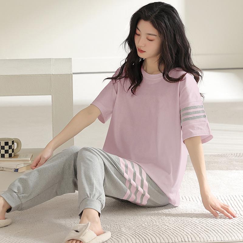 2024 Women's Summer Pajama Set: Pure Cotton, Short Sleeve, Long Pants - Lightweight and Casual for Indoors or Outdoors