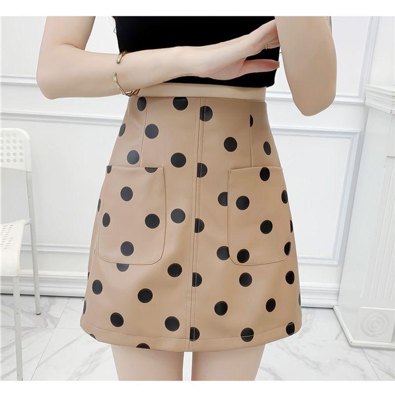 

Fall Contrast Color Polka Dot Double Pocket PU Leather Skirt Khakis dot M