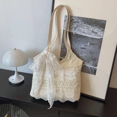 Tote Bag Lace Shoulder Bag With Ribbon Large Capacity Bag Big Pouch Simple Canvas Handbag  Daily