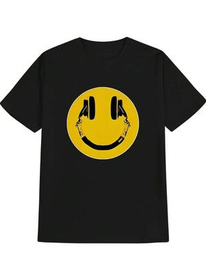 Unisex's Casual Graphic T-Shirt - Black With Yellow CCYCYCIle Headphones & Joyful Face Print