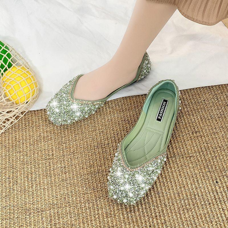 Spring and Summer New Lightweight and Shiny Grandma Shoes Rhinestone Versatile Flat-soled Women's Single Shoes Square Head Temperament Women's Shoes