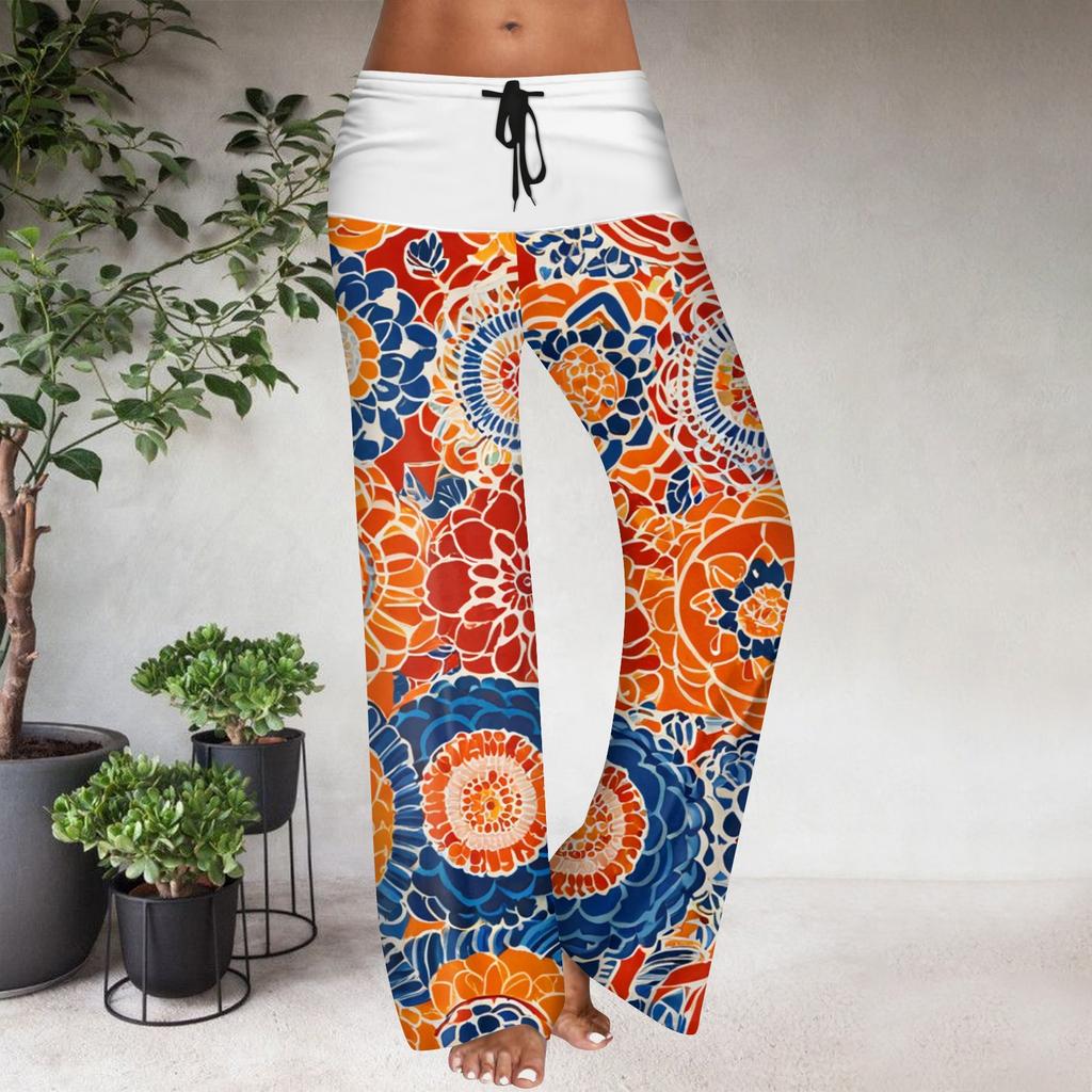 Pantaloni Casual Largi cu Talie Elastică cu Șnur pentru Femei, cu Imprimeu Floral și Blocuri de Culoare