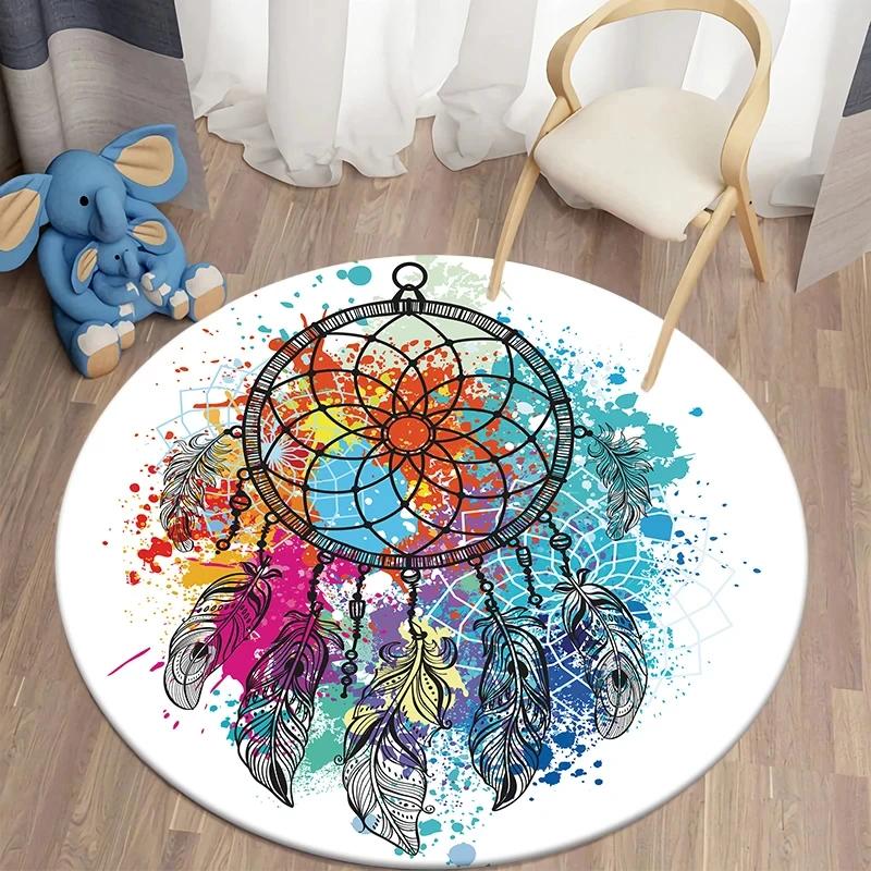 Bunter Traumfänger Runder Teppich Böhmischer Stil Teppich Rutschfeste Bodenmatte für Büro Schlafzimmer Wohnzimmer Küche Badezimmer Dekor