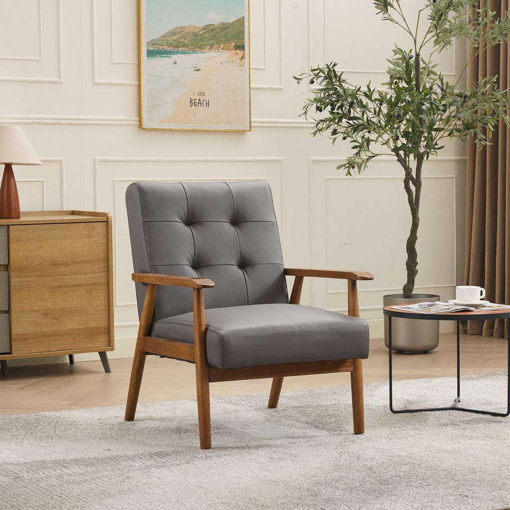 Genuine Leather Lounge Chair with Walnut-Colored Armrests & Rubberwood Legs – Comfortable Living Room Chair