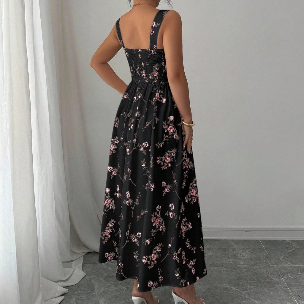 Women Sleeveless Square Neck Floral Print Maxi Dress Casual Loose Fit Long Sundress Lightweight Summer Wear
