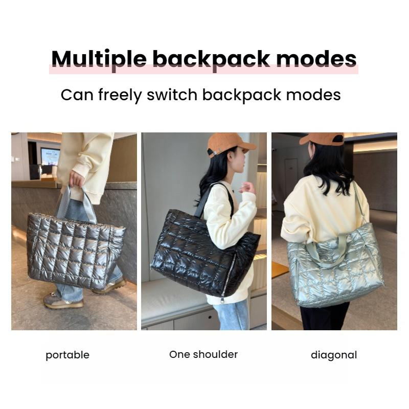 Large Capacity Quilted Tote Bags for Women Solid Color Women's Shoulder Bag for Gym Travel Fashionable Nylon Winter Padded Handbag