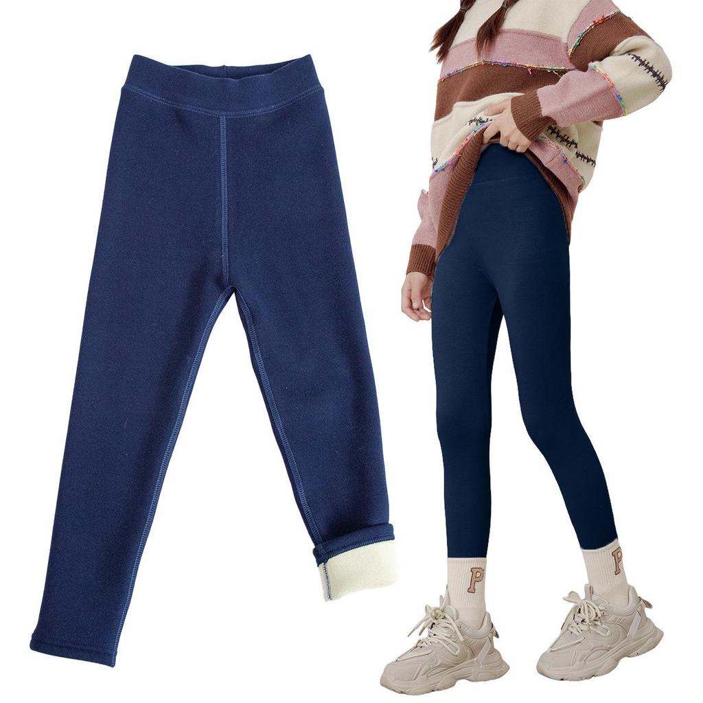 Leggings épais en coton doublé polaire pour filles - Pantalons d'hiver chauds de couleur unie
