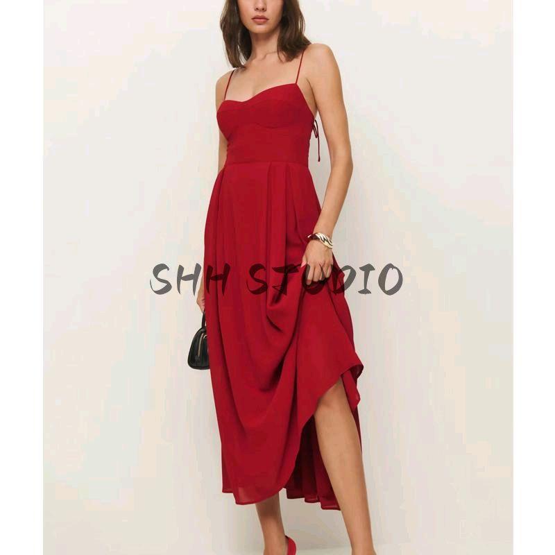 Spring New Women's Clothing French Style Retro Pure Color Figure Flattering Cinched Waist Lace-up Long Midi Skirt Sling Dress